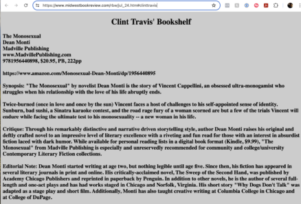 Screen capture of Clint Travis' Bookshelf on Midwest Book Review. The information is repeated on this page so no need to put it all in this alt tag